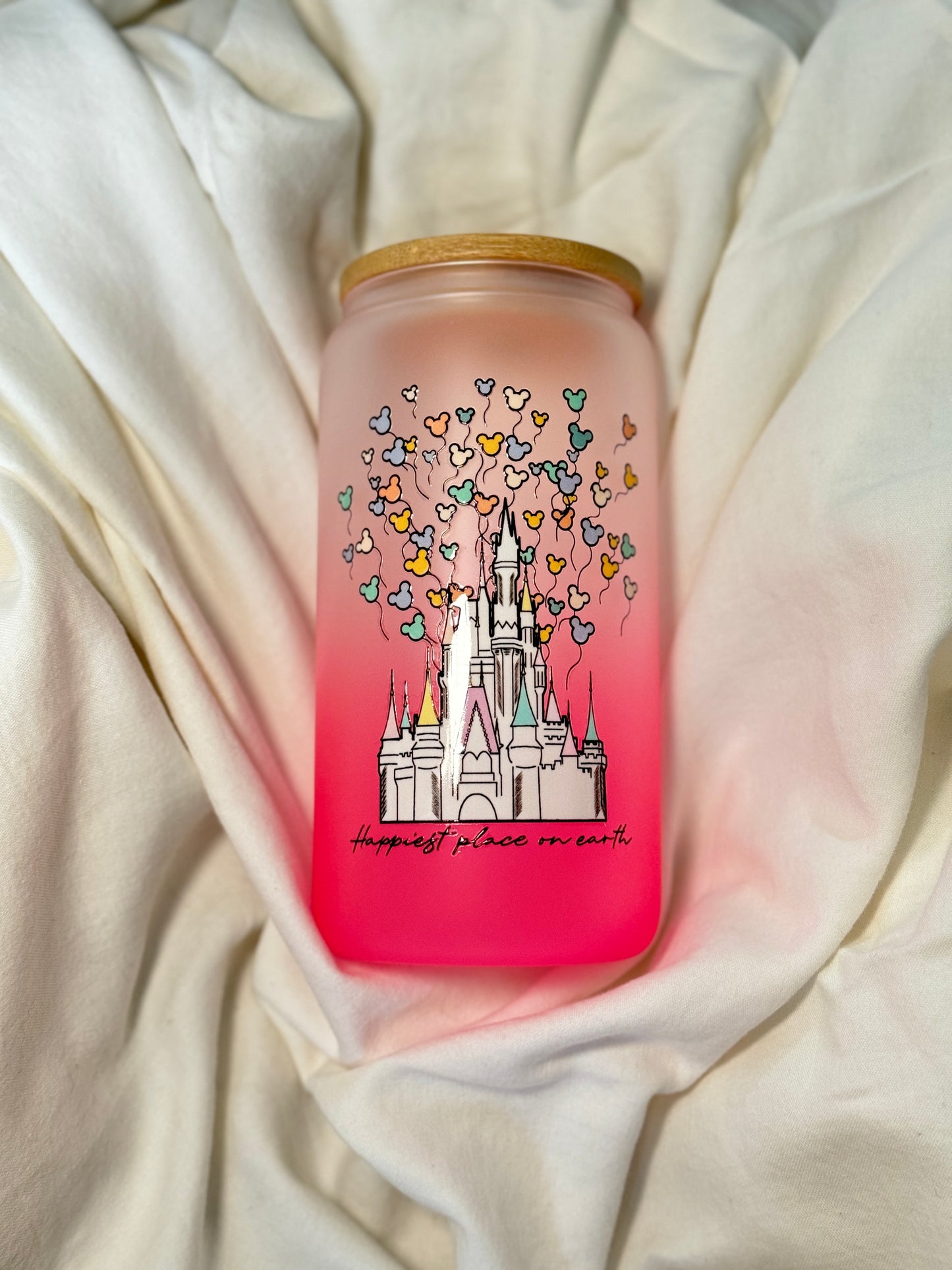 Happiest Place Pink 16 Ounce GLASS Cup with Straw