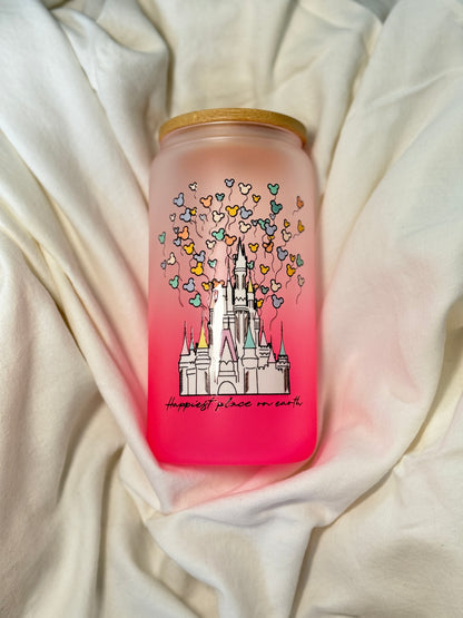 Happiest Place Pink 16 Ounce GLASS Cup with Straw