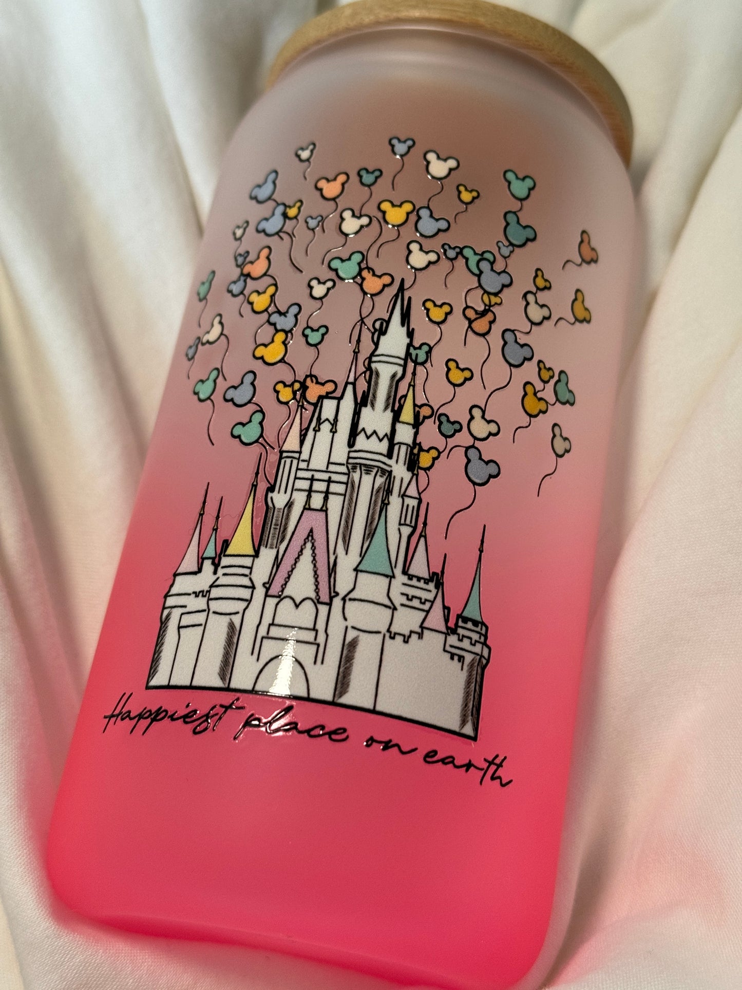 Happiest Place Pink 16 Ounce GLASS Cup with Straw