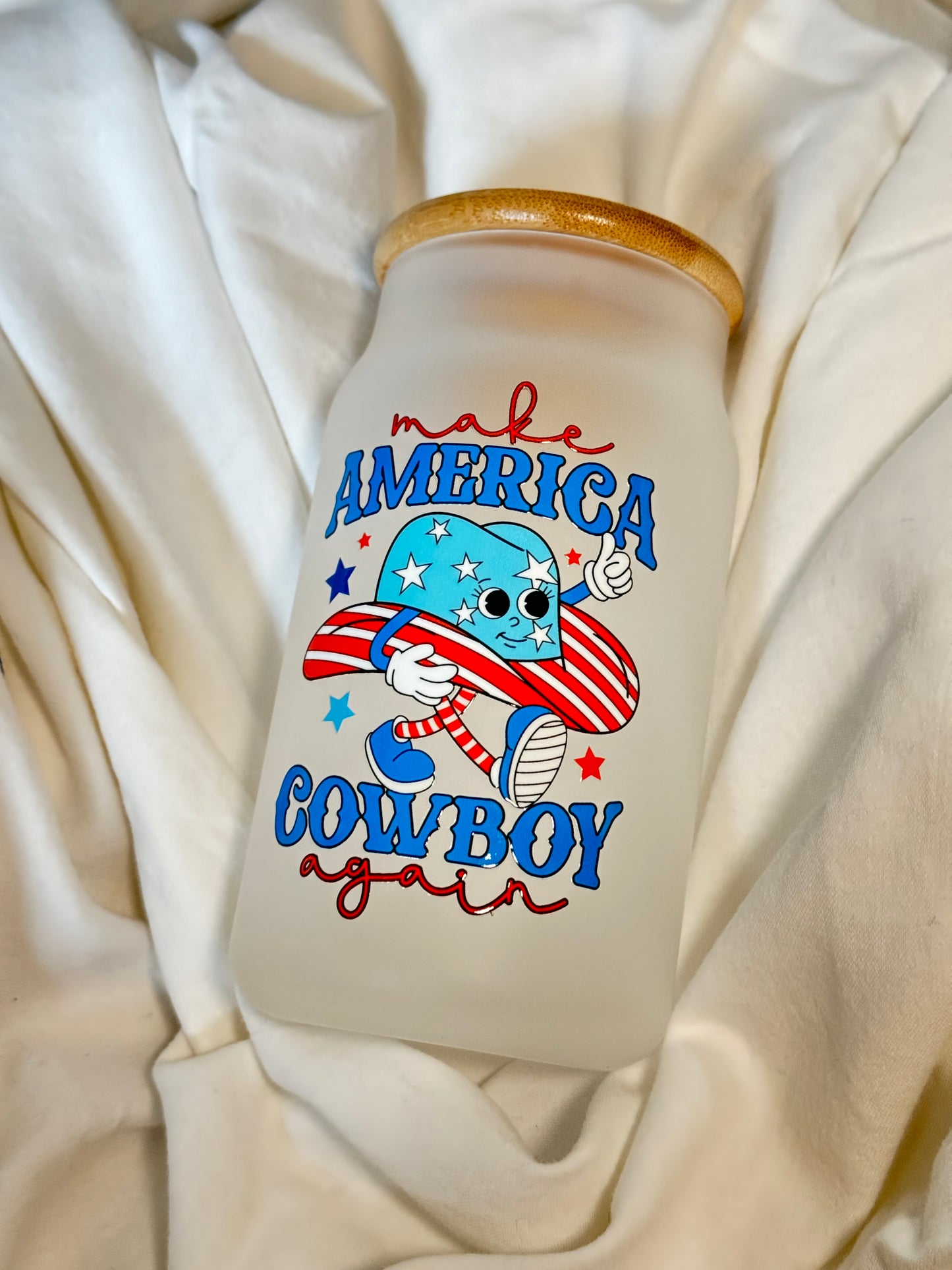 Make America Cowboy Again 16 Ounce GLASS Cup with Straw