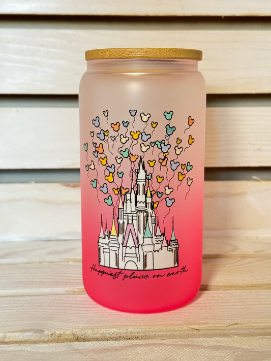 Happiest Place Pink 16 Ounce GLASS Cup with Straw