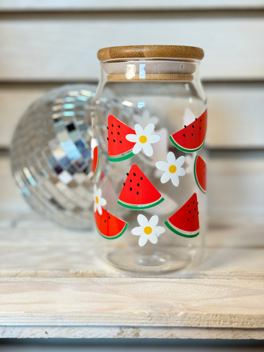 Watermelon 16 Ounce GLASS Cup with Straw