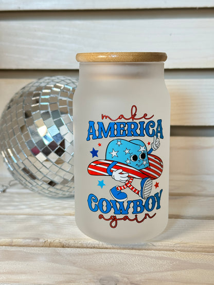 Make America Cowboy Again 16 Ounce GLASS Cup with Straw