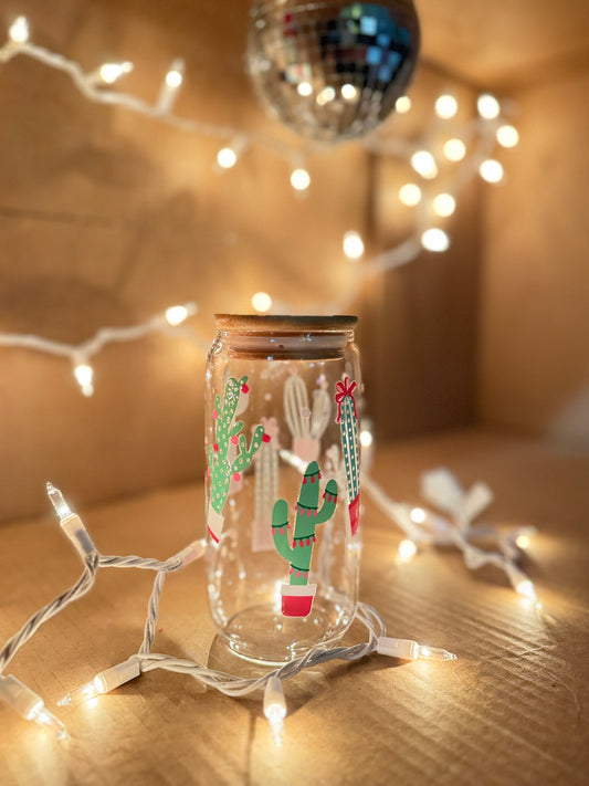 Desert Christmas 16 Ounce Glass Cup With Lid and Glass Straw