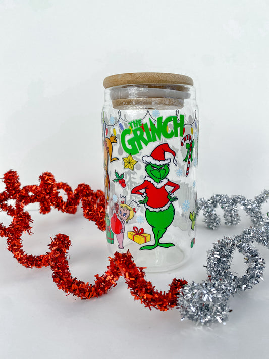 Mean Green Christmas Scene 16 Ounce Glass Cup With Lid and Glass Straw