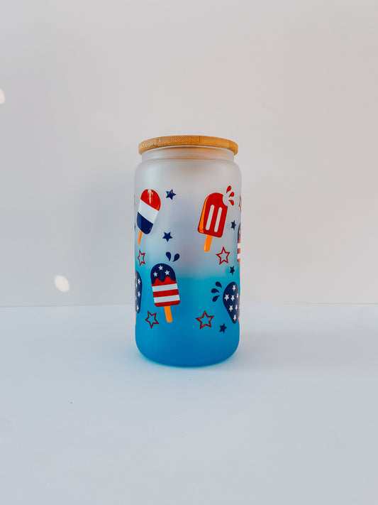 Patriotic Popsicle 16 Ounce Glass Cup With Lid and Glass Straw