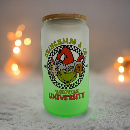 Grinchmas University 16 Ounce Glass Cup