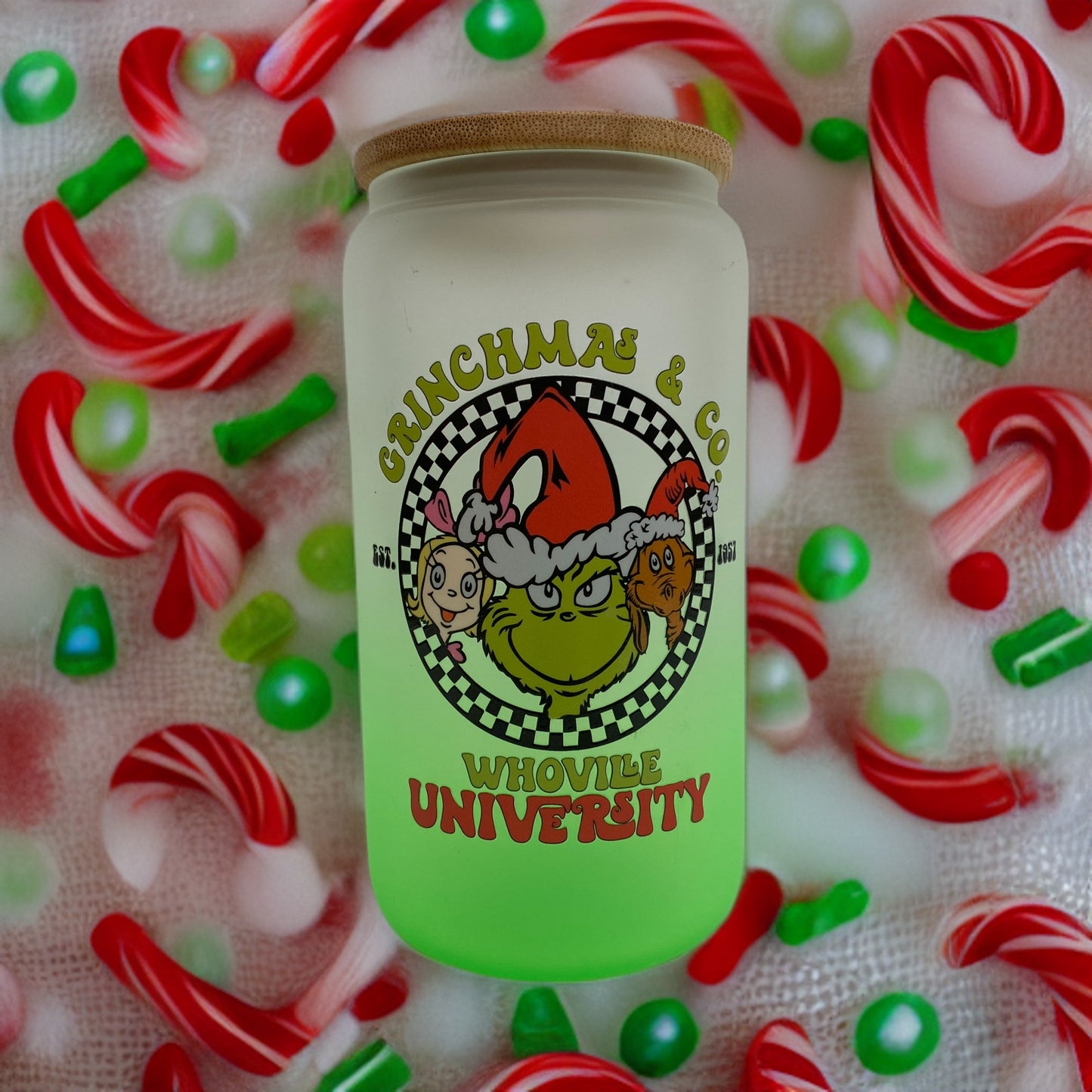 Grinchmas University 16 Ounce Glass Cup