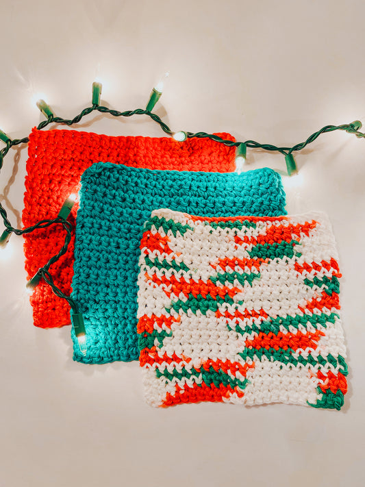 Holiday Pack of 3 Washcloths | Handmade Dishcloths for Christmas |